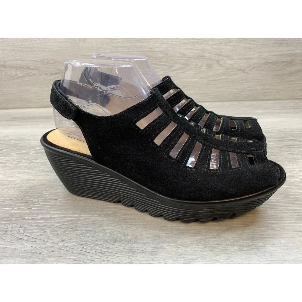 Skechers Women's Sandals Black Leather Caged Wedge Peep Toe 9 Comfort Shoes